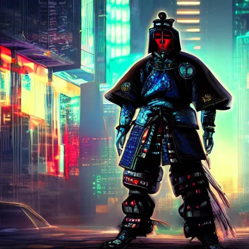 Prompt: photo of a cyberpunk samurai