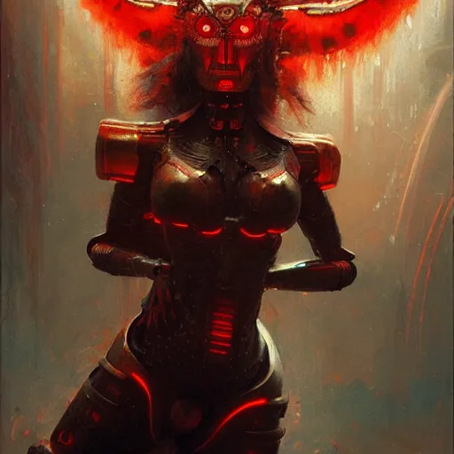 Image similar to attractive demon queen with red eyes as an i robot, painting by gaston bussiere, craig mullins, luis rollo, digital painting, highly detailed, artstation, sharp focus, illustration, concept art, hd