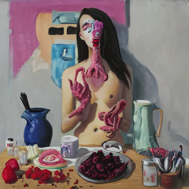 Image similar to a self - portrait in a female artist's bedroom, a crying emo girl eating pancakes, berries, surgical equipment, handmade pottery, flowers, sensual, octopus, neo - expressionism, surrealism, acrylic and spray paint and oilstick on canvas