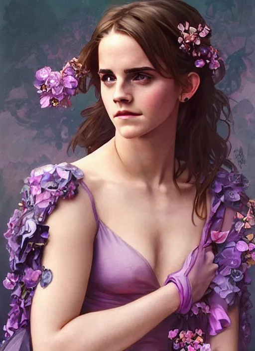 Image similar to emma watson wearing revealing pink and purple dress with flounces. beautiful detailed face. by artgerm and greg rutkowski and alphonse mucha