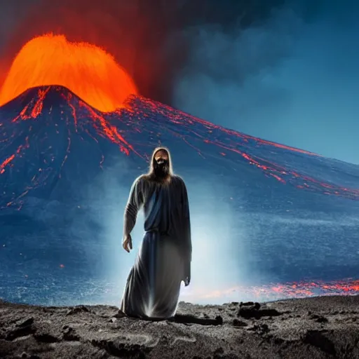 Prompt: Zombie Jesus standing in front of an erupting volcano.