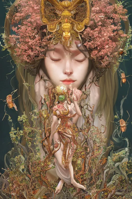 Prompt: breathtaking detailed concept art painting of the goddess of bugs, orthodox saint, with anxious, piercing eyes, ornate background, amalgamation of leaves and flowers, by Hsiao-Ron Cheng, James jean, Miho Hirano, Hayao Miyazaki, extremely moody lighting, 8K
