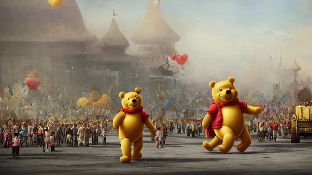 Image similar to giant winnie the pooh bear walking in the tiananmen square parade with tanks and icbm missiles. andreas achenbach, artgerm, mikko lagerstedt, zack snyder, tokujin yoshioka