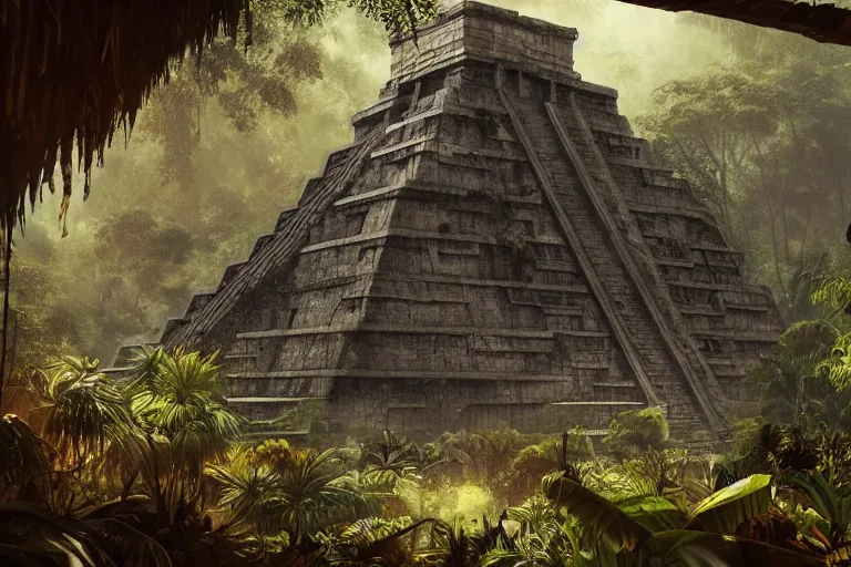 Image similar to Brutalist mayan temple in the jungle, beautiful dynamic lighting, cinematic, wide angle establishing shot, extremely high detail, photo realistic, cinematic lighting, post processed, concept art, artstation, matte painting, style by eddie mendoza, raphael lacoste, alex ross