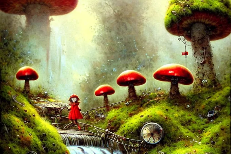 Image similar to adventurer ( ( ( ( ( 1 9 5 0 s retro future robot android mouse in forrest of giant mushrooms, moss and flowers stone bridge waterfall. muted colors. ) ) ) ) ) by jean baptiste monge!!!!!!!!!!!!!!!!!!!!!!!!! chrome red