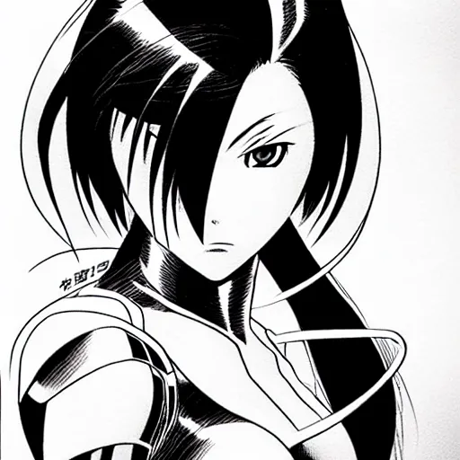 Image similar to alita by yukito kishiro. medium shot. black and white manga. pencil drawing.