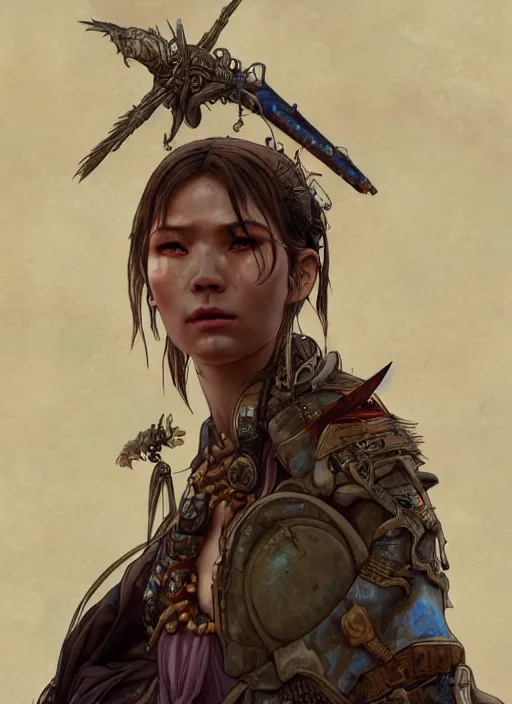 Image similar to hyper realistic photography portrait of postapocalyptic medieval religious occult asian tribal amazon cinematic, brom, mucha, moebius juan gimenez artstation, cgsociety