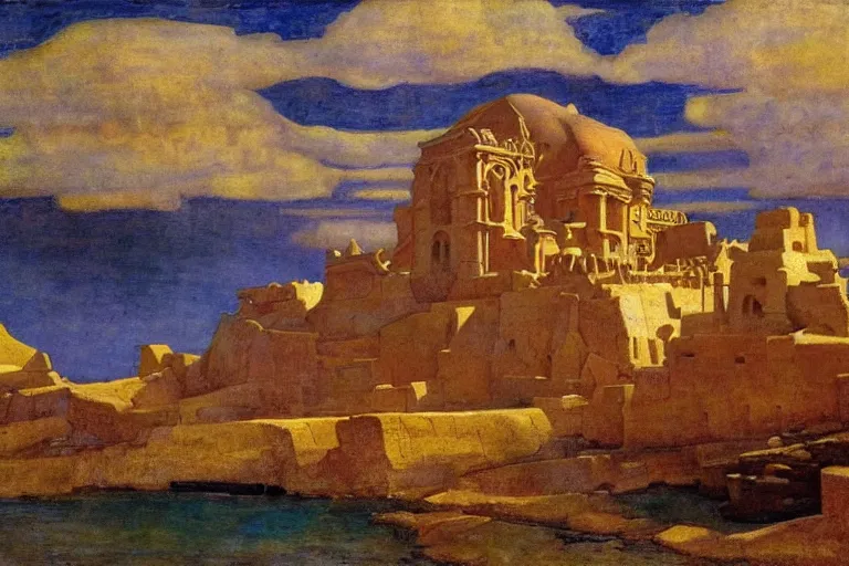 Image similar to ancient city by the sea by Annie Swynnerton and Nicholas Roerich, strong dramatic cinematic lighting , ornate architecture, lost civilizations, smooth, sharp focus, extremely detailed