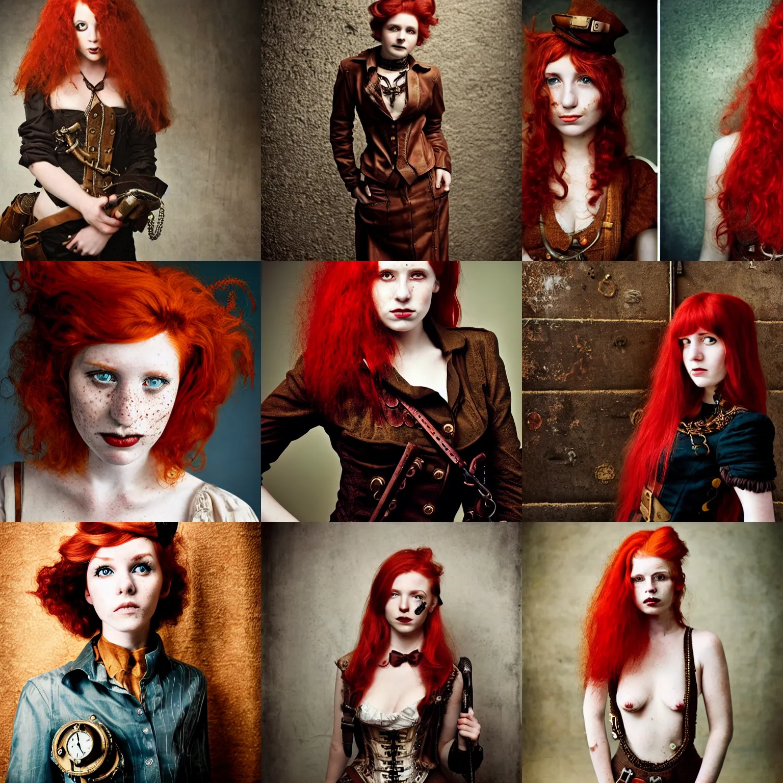 Prompt: photo of a twenty year old woman in steampunk fashion taken by annie leibovitz, red hair, freckles