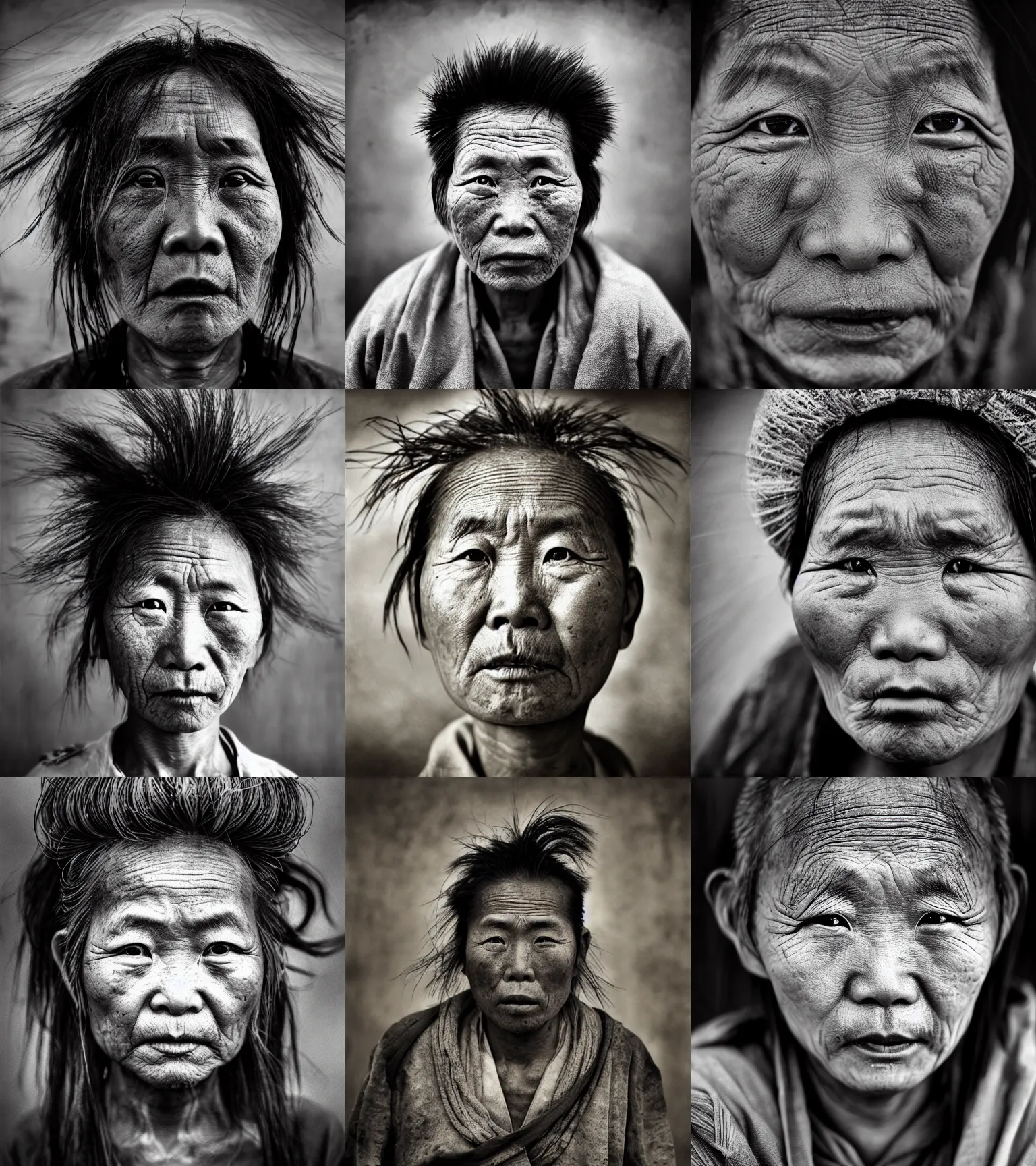Prompt: Award winning reportage photo of a Native Chinese with incredible hair and beautiful hyper-detailed eyes wearing traditional garb by Lee Jeffries, 85mm ND 5, perfect lighting, gelatin silver process
