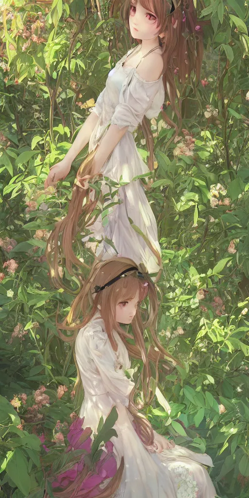 Image similar to a digital art of a loli with long hair in a dress in the privet garden at after noon, green and warm theme, back lighting, by krenz cushart and mucha and akihito yoshida and greg rutkowski and makoto shinkai, extremely long shot, detailed eyes, 4 k resolution, trending on art station