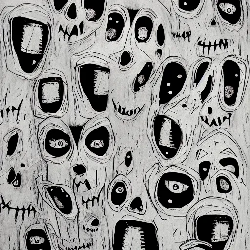 Image similar to multiple faces shredded like paper masks screaming, dark horror, surreal, drawing, painting,