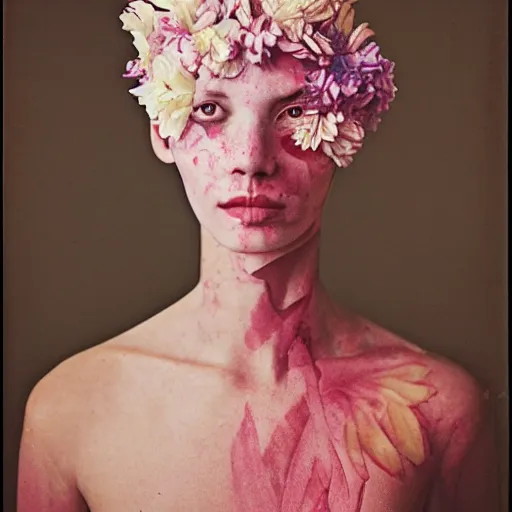 Image similar to a flower / human hybrid, fashion medium format color photo