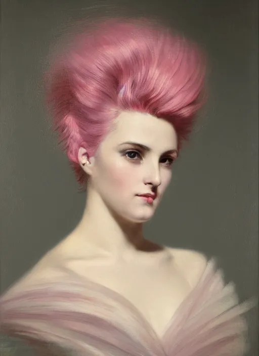 Prompt: a detailed portrait of woman with a mohawk by edouard bisson, 1 9 6 0 fashion, pink hair, punk rock, looking at the camera, oil painting, muted colours, soft lighting