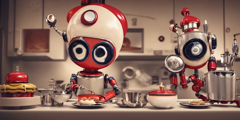 Image similar to closeup portrait of tin toy retro robot chef cooking pastry in a kitchen, depth of field, zeiss lens, detailed, centered, fashion photoshoot, by nicoletta ceccoli, mark ryden, lostfish, breathtaking, 8 k resolution, extremely detailed, beautiful, establishing shot, artistic, hyperrealistic, octane render