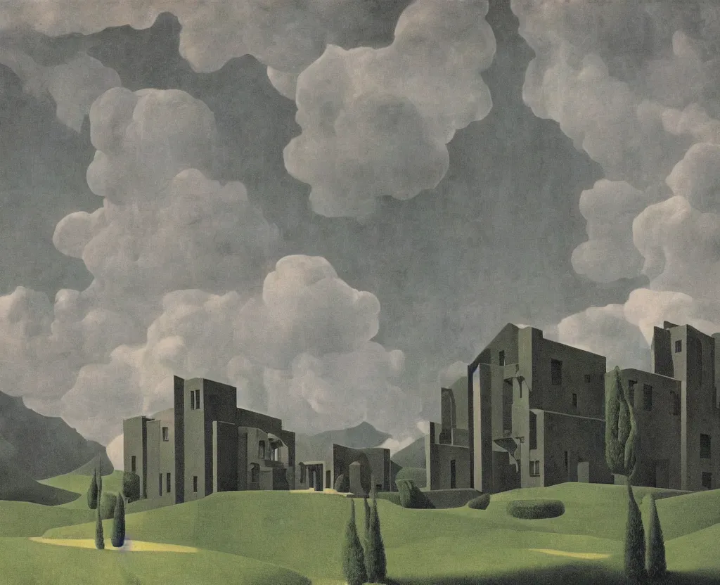 Prompt: a dark evil interstellar villa hidden in the valley time forgot by Rene Magritte and Giovanni Paolo Panini.