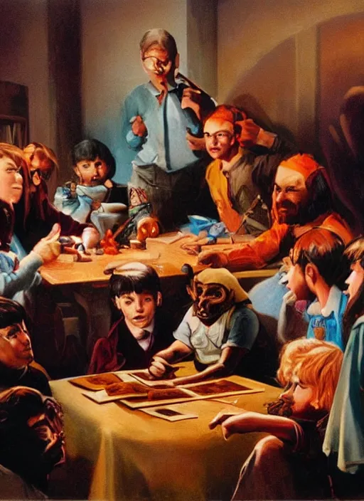 Image similar to a group of kids sitting around a table playing d & d with satan, an ultrafine detailed painting by john philip falter, shutterstock, american scene painting, movie still, concert poster, poster art