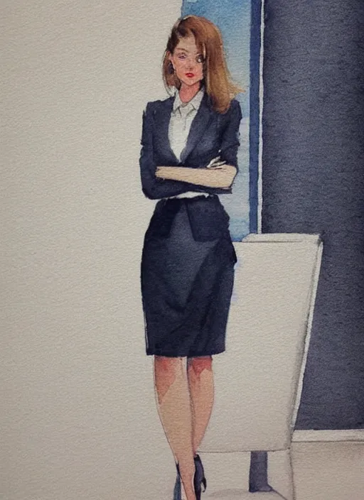 Image similar to concept art of a modern office life, young attractive business woman, pencil miniskirt, pinterest, artstation trending, behance, watercolor, by coby whitmore, silver, laser light,