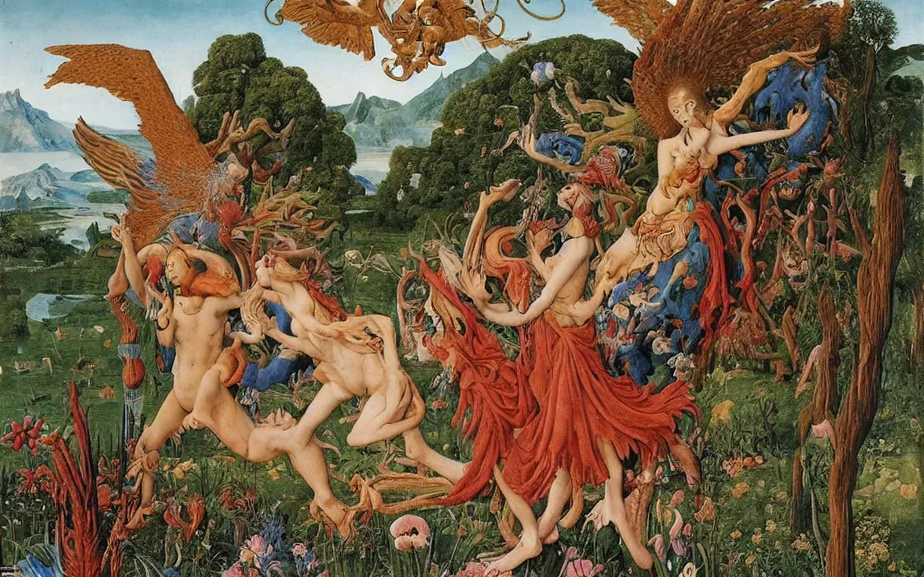 Image similar to a portrait photograph of a meditating harpy and a centaur king riding winged serpents and hugging animals at a river delta. surrounded by bulbous flowers, animals and trees. mountains range under a blue sky of burning stars. painted by jan van eyck, max ernst, ernst haeckel and ernst fuchs, cgsociety, fashion editorial, 8 k