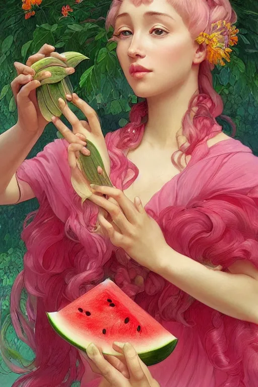 Image similar to beautiful cottagecore doja cat eating watermelon, intricate, elegant. the background is pink !. highly detailed, digital painting, artstation, concept art, smooth, sharp, focus, illustration. . art by artgerm and greg rutkowski and alphonse mucha