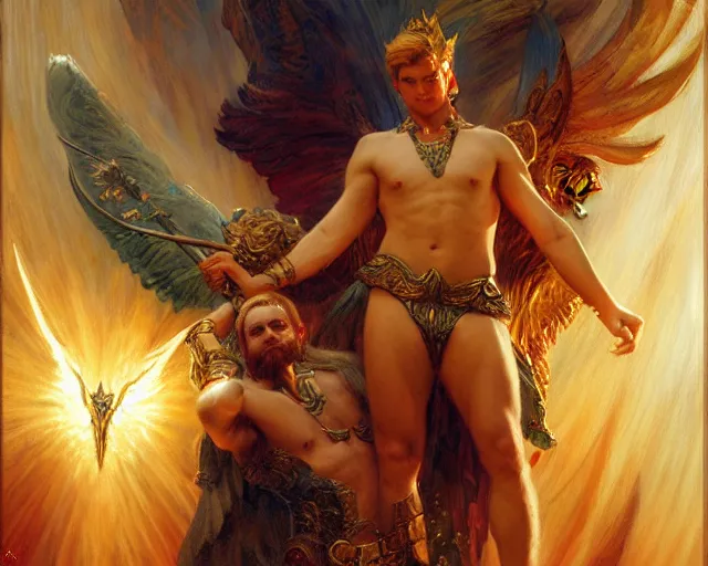 Image similar to attractive pagan male deity, summons handsome lucifer morning star. highly detailed painting by gaston bussiere, craig mullins, j. c. leyendecker 8 k