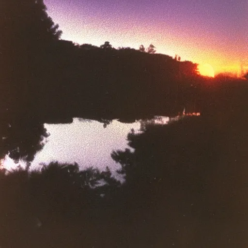 Image similar to extremely sad scene of an abstrac beatiful shape over a lagoon, mist, bloody sunset, polaroid photography from the 70s