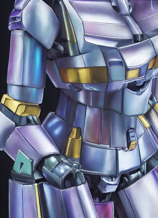 Prompt: hyper realistic and detailed closeup photo of a gundam female android with segmented iridescent translucent panels by annie leibovitz