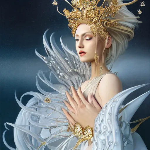 Image similar to a beautiful woman wearing a white dress made of silk, and a crown made of golden ornaments and diamonds jewelry by alex gray and android jones, karol bak, ayami kojima, amano, concept art, character design, fantasy, 3 d, 8 k resolution