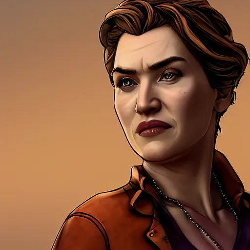 Image similar to kate winslet portrait, borderlands, tales from the borderlands, the wolf among us, comic, cinematic lighting, studio quality, 8 k