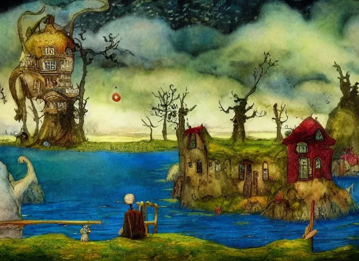 Prompt: a fantasy landscape with houses around a big lake, lowbrow in the style of alexander jansson and john bauer and francisco de goya,