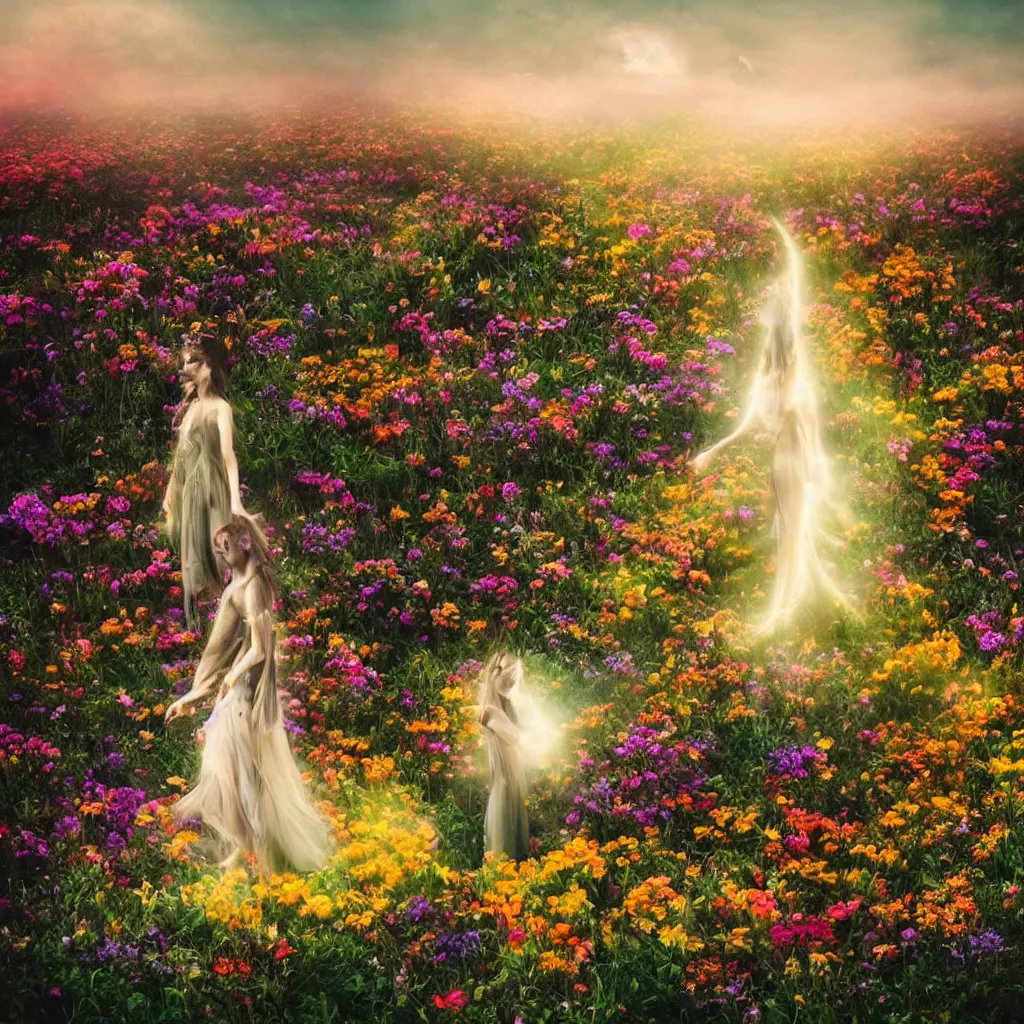 Image similar to a planet of various flowers, fungus and plants, in which the human figure is dressed in something magical and impressive, inside the picture is infinity, sunset light, Atmospheric phenomenon, artistic photography, muted colors, conceptual, long exposure outside the city