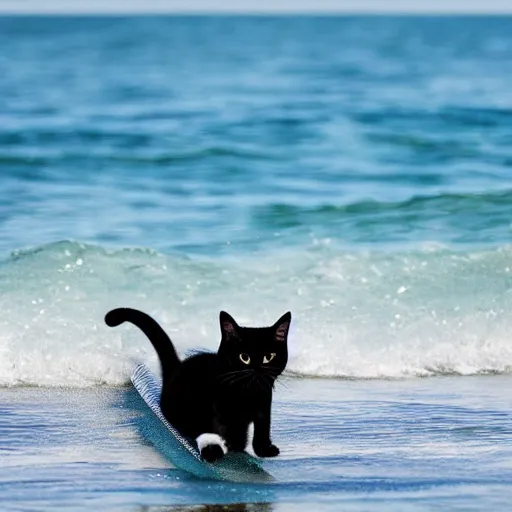 Image similar to black cute cat surfing on a surfboard, 8 k