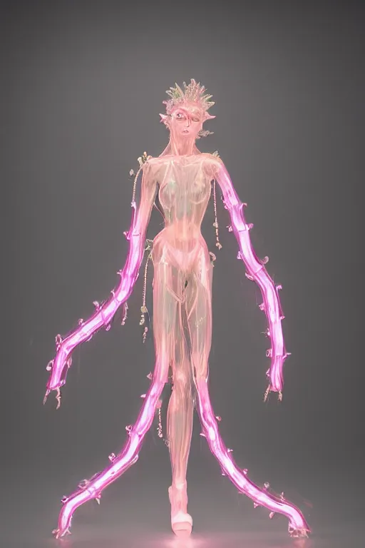 Prompt: full-body photo rococo and cyberpunk delicate neon crystalline sculpture of ((muscular slender albino Italian Prince)) as a dark iridescent humanoid deity wearing a thin see-through ((plastic hooded cloak)) sim roupa (holding a human skull), reclining con (((las piernas abiertas))), glowing pink face, crown of (white lasers), large diamonds, swirling black silk fabric. futuristic elements. oozing glowing liquid, full-length view. space robots. intricate artwork by caravaggio. Trending on artstation, octane render, cinematic lighting from the right, hyper realism, photo realistic, octane render, 8k, depth of field, 3D