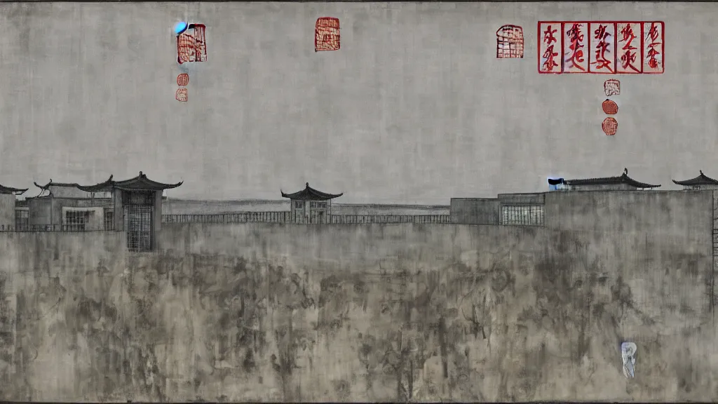 Image similar to a chinese prison near a river by peter doig, muted grey colors, overlaid with chinese letters