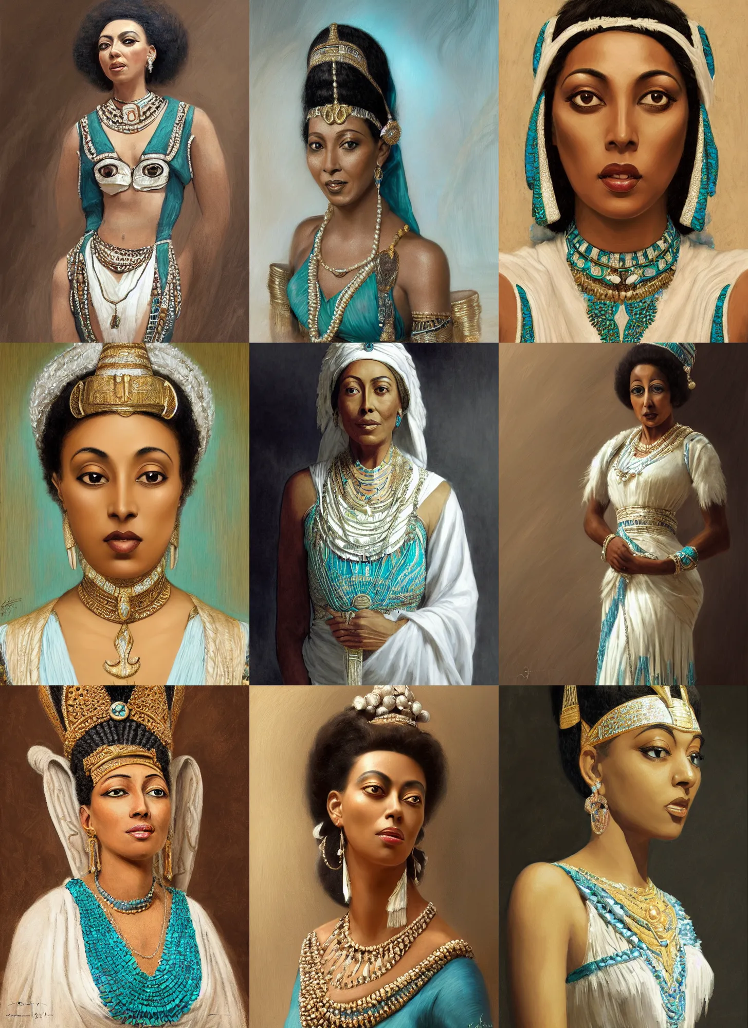 Prompt: josephine baker close-up portrait ancient egyptian, white and teal dress, intricate, elegant, highly detailed, digital painting, artstation, concept art, sharp focus, illustration, orientalism, edwin long, theodore ralli, aleksi briclot, rutkowski, bouguereau