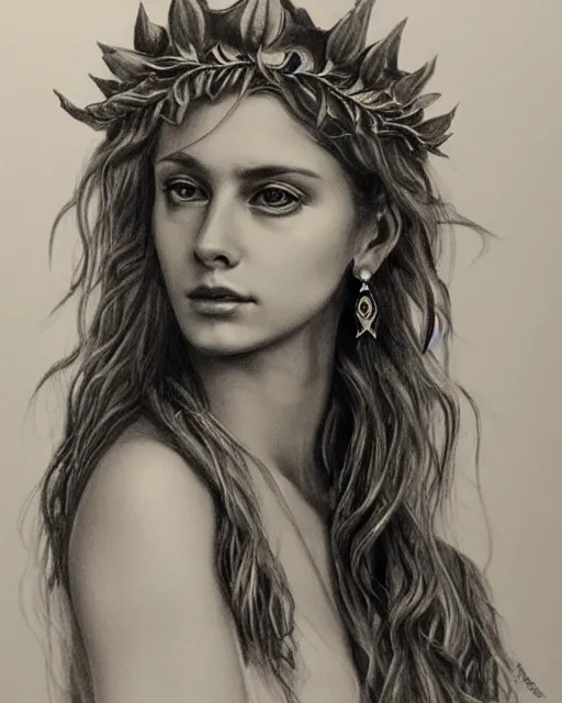 Image similar to pencil drawing of a beautiful greek goddess aphrodite wearing a laurel wreath and arrowhead earrings, beautiful confident eyes, beautiful flowing hair, glowing god eyes, hyper realistic face, in the style of greg rutkowski, fantasy, amazing detail, epic, elegant, smooth, sharp focus, from the front