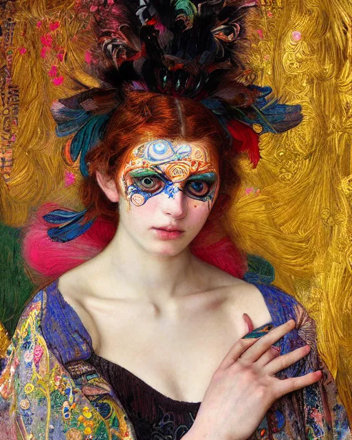 Image similar to a beautiful girl wearing colourful face paint surrounded by bright intricate patterns, by edgar maxence and caravaggio and michael whelan, intricate painting, hyper realistic, extremely detailed and beautiful aesthetic face, 8 k resolution