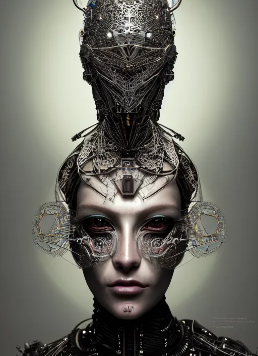 Image similar to portrait of an absurdly beautiful, graceful, sophisticated, fashionable cyberpunk mechanoid, hyperdetailed illustration by irakli nadar and vania zouravliov, matt wisniewski style, intricate linework, white porcelain skin, metal tribal headdress, day - glow face paint, unreal engine 5 highly rendered, global illumination, radiant light, detailed and intricate environment