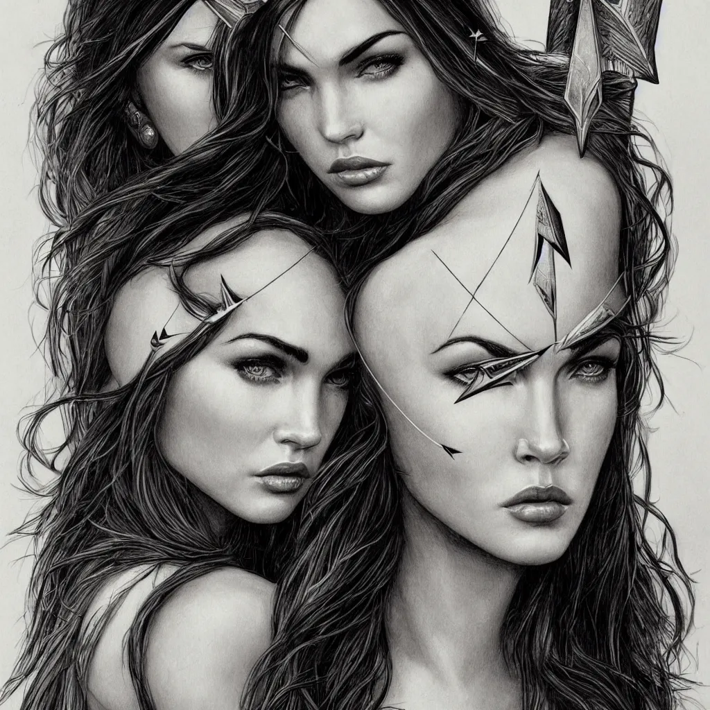 Image similar to portrait of beautiful megan fox as greek goddess aphrodite, archer, arrow on the head, beautiful piercing eyes, flowing blonde hair, realistic face, black and white drawing, in the style of greg rutkowski, fantasy, amazing detail, epic, intricate, elegant, smooth, sharp focus