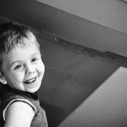 Image similar to an old photograph of a child on the ceiling with a wide grin and spider legs