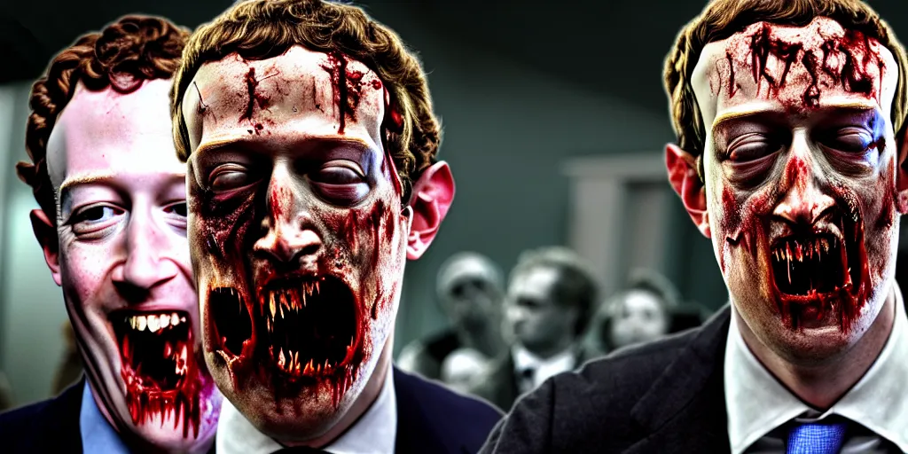 Prompt: zombie prince mark zuckerberg eating the President of United States during the apocalypse cinematic dramatic hdr, high quality, highly detailed