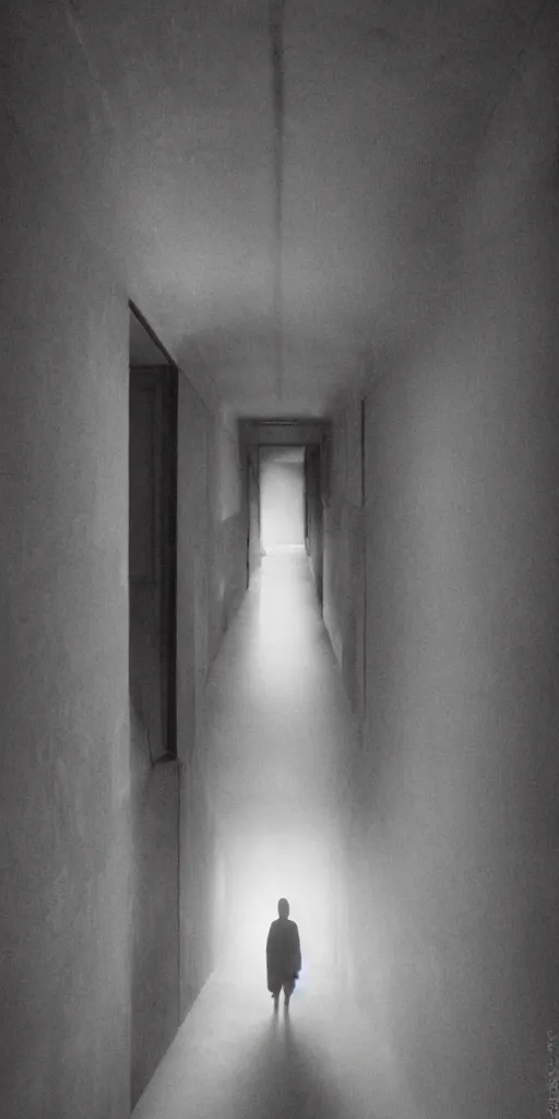 Image similar to a wretched figure at the end of a long hallway reaches out from the darkness, backlit, moonlight,