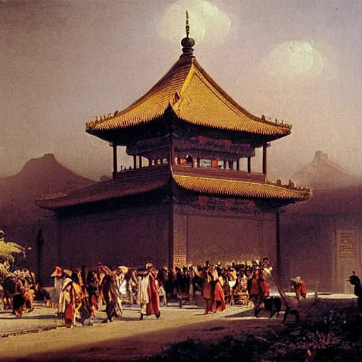 Prompt: grand - tourist arriving in bustling beijing, intricate oil painting by carl spitzweg