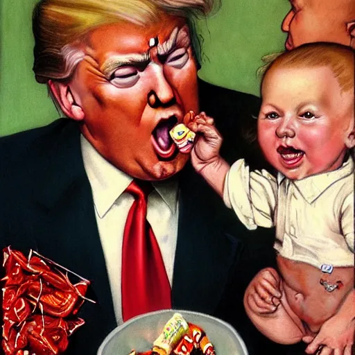 Image similar to Donald Trump stealing candy from a baby, painting by Norman Rockwell, 8k