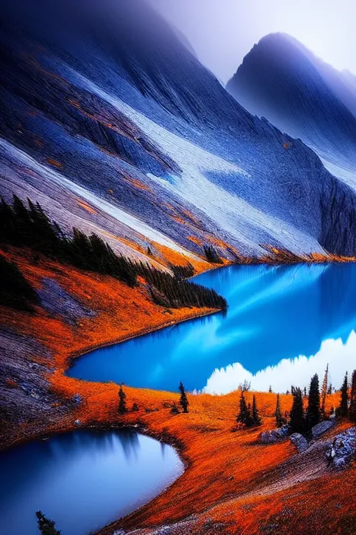 Prompt: a beautiful ethereal mountain scene with a blue lake by daniel kordan, photo realism, dark moody color palate,