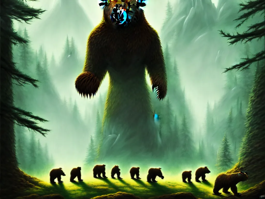 Image similar to highly detailed concept art of colossal bear facing off against an herd of goblins in a middle - earth forest, an ultrafine detailed painting, trending on deviantart, neo surrealism, sharp focus, octane, masterpiece, art by anato finnstark