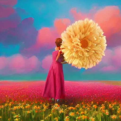 Prompt: giant daisy flower as head, full body girl standing straight in a flower field, surreal photography, sunrise, dramatic light, impressionist painting, colorful clouds, digital painting, artstation, simon stalenhag