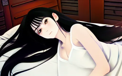 Image similar to little girl with an long black hair dressed in a simple white dress laying down on an bed, anime art style, digital art by ilya kuvshinov, inspired by balthus, hd, 4 k, hyper detailed, top view