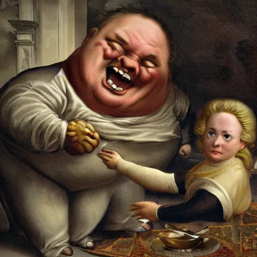 Image similar to childish fat politician with big stomch is eating souls of tiny peoples in baroque style