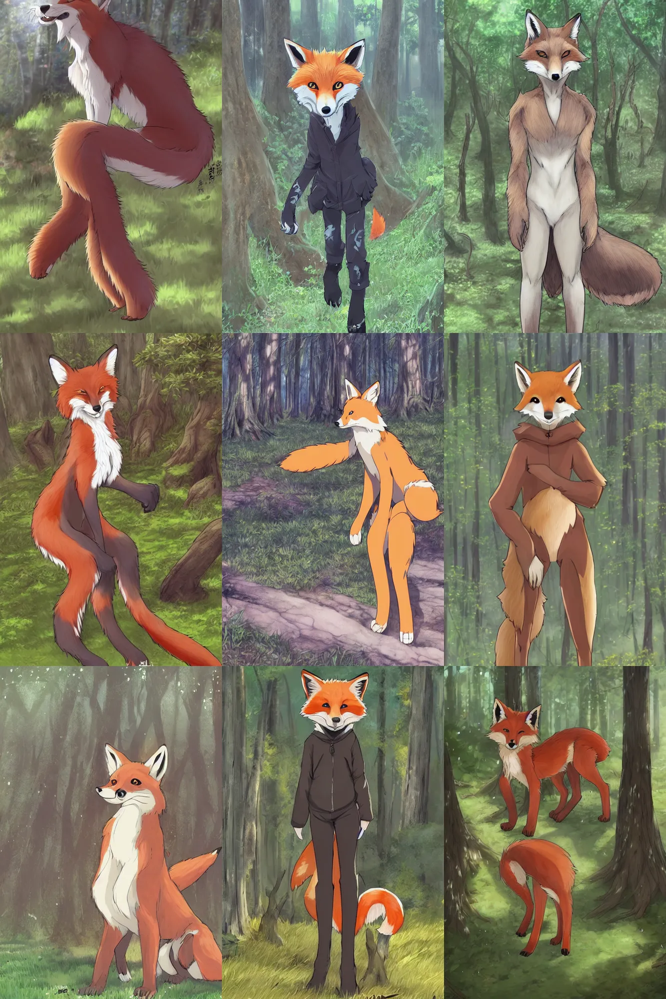 Prompt: furry art, anthro digitigrade!!!! natural - colored fox with black paws, walking upright in a forest, fursona commission, extremely detailed, anime!!!! key visual, pixiv, makoto shinkai, hibbary, dark natasha, goldenwolf, furaffinity, portrait, award winning